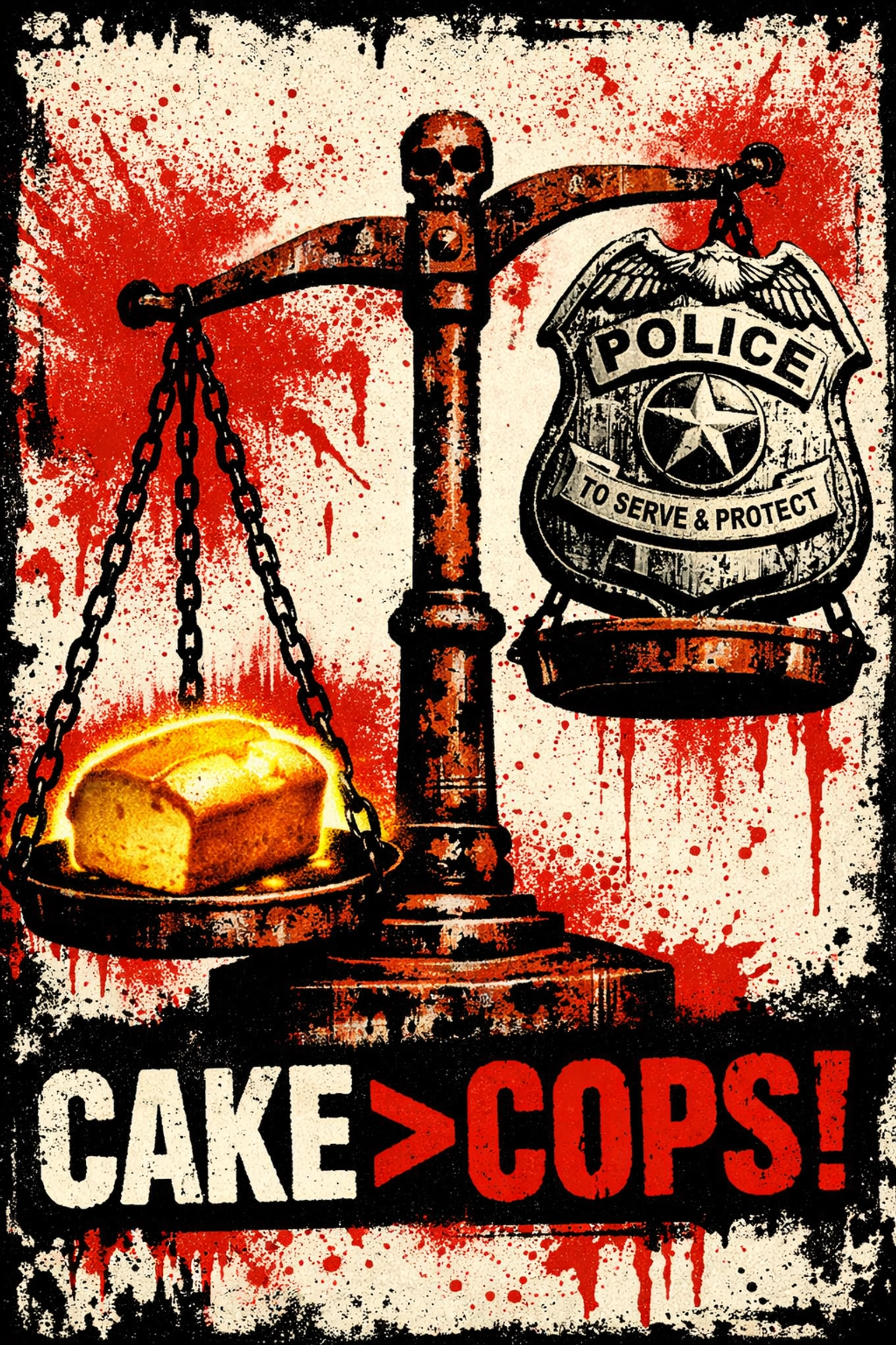 Satirical scales of justice where a lemon pound cake outweighs a police badge to symbolize free speech.