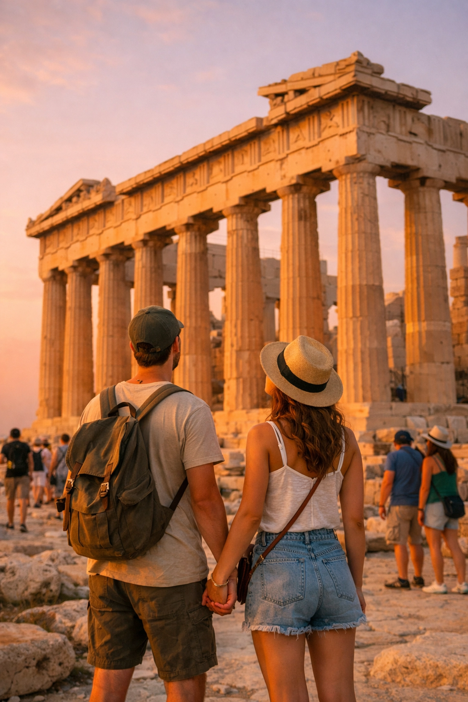 Couple exploring the ancient Acropolis and Parthenon ruins in Athens Greece at sunrise