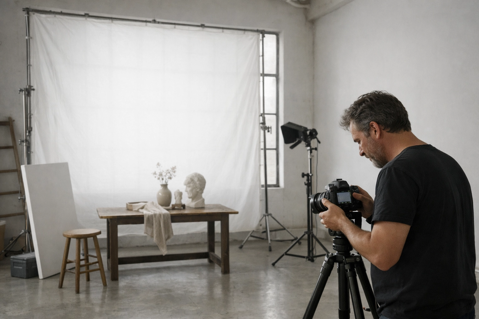 Fine art photography studio setup with large light diffuser for soft ethereal lighting.