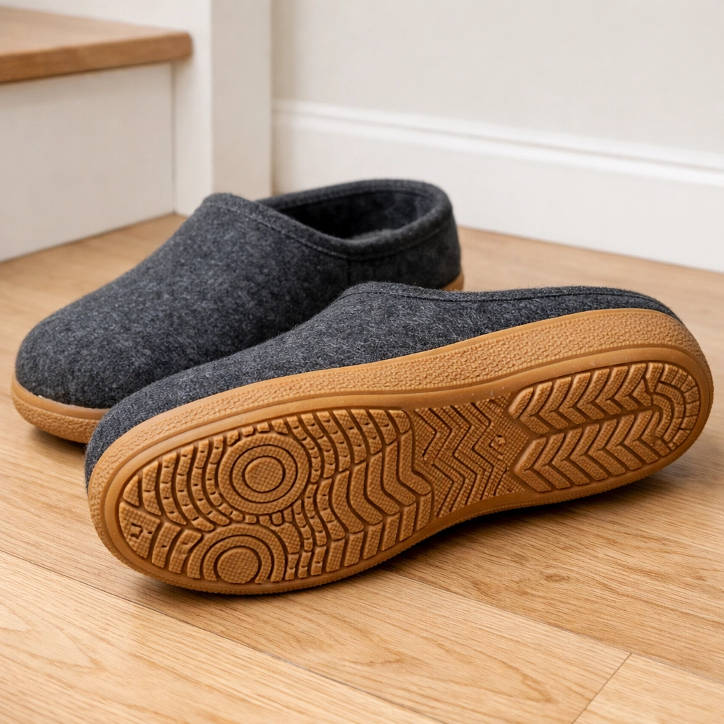 Supportive house shoes with non-slip rubber soles for better traction on stairs.