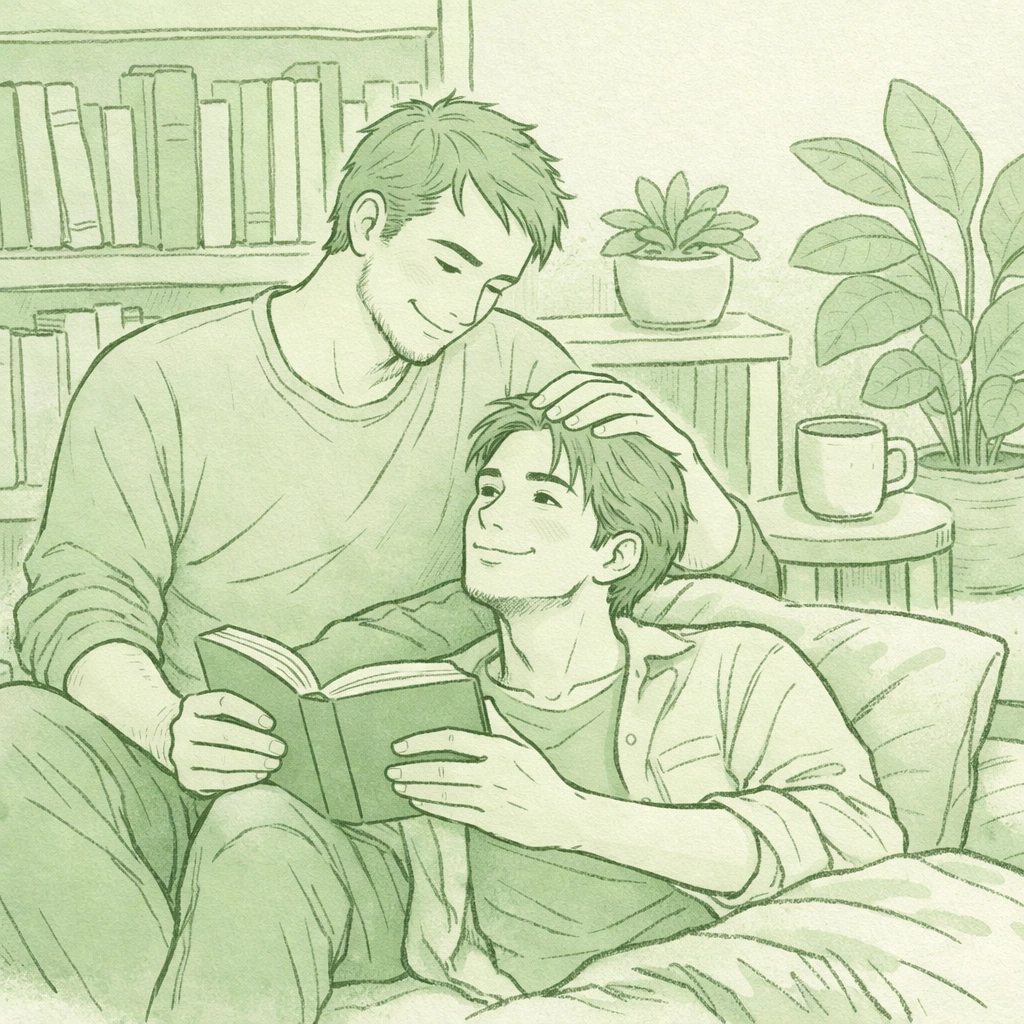 A gay couple sharing a book in a library, illustrating the comforting power of MM romance and LGBTQ+ fiction.