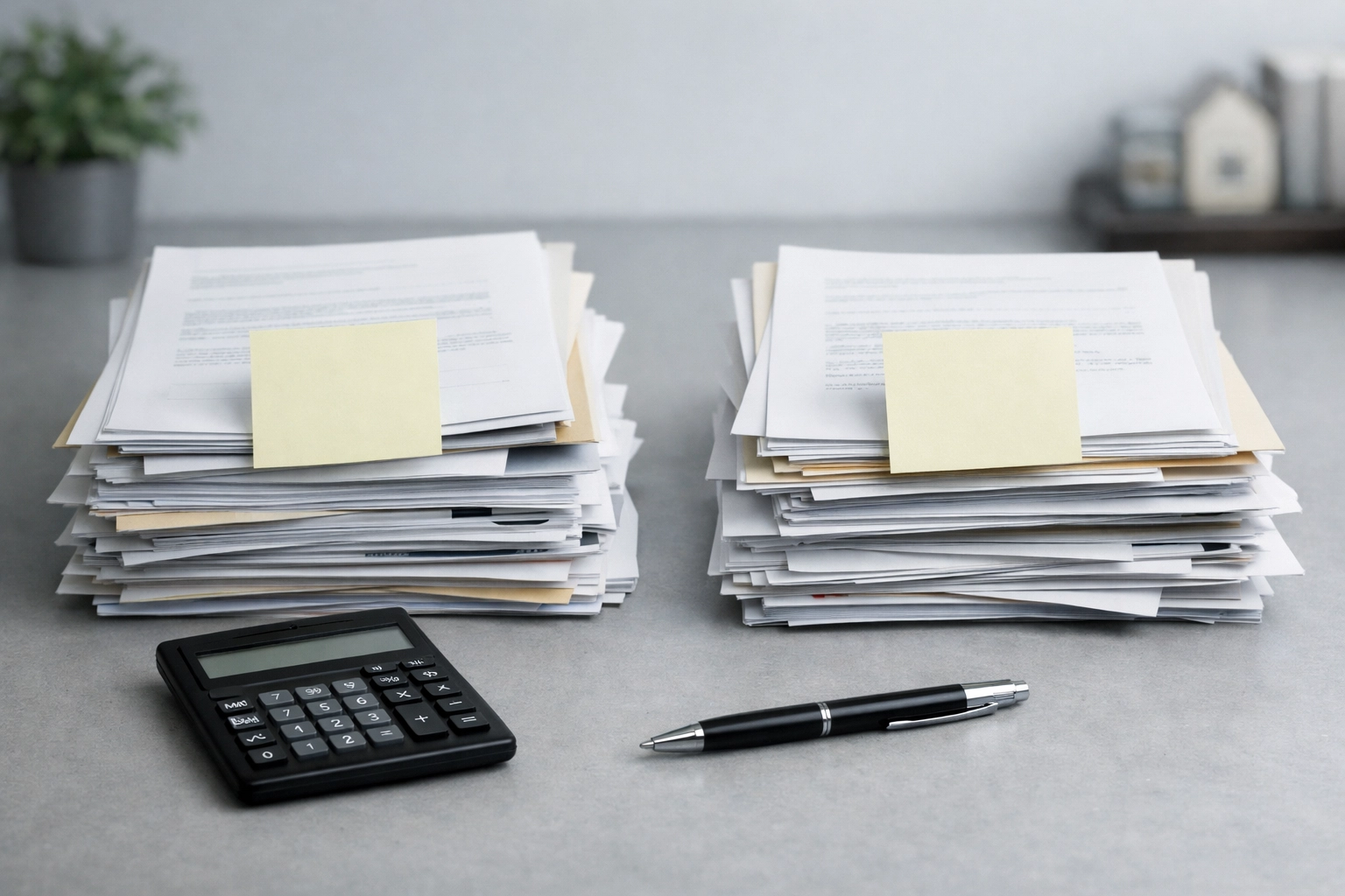 Organized document piles and calculator illustrating equitable distribution of the marital home