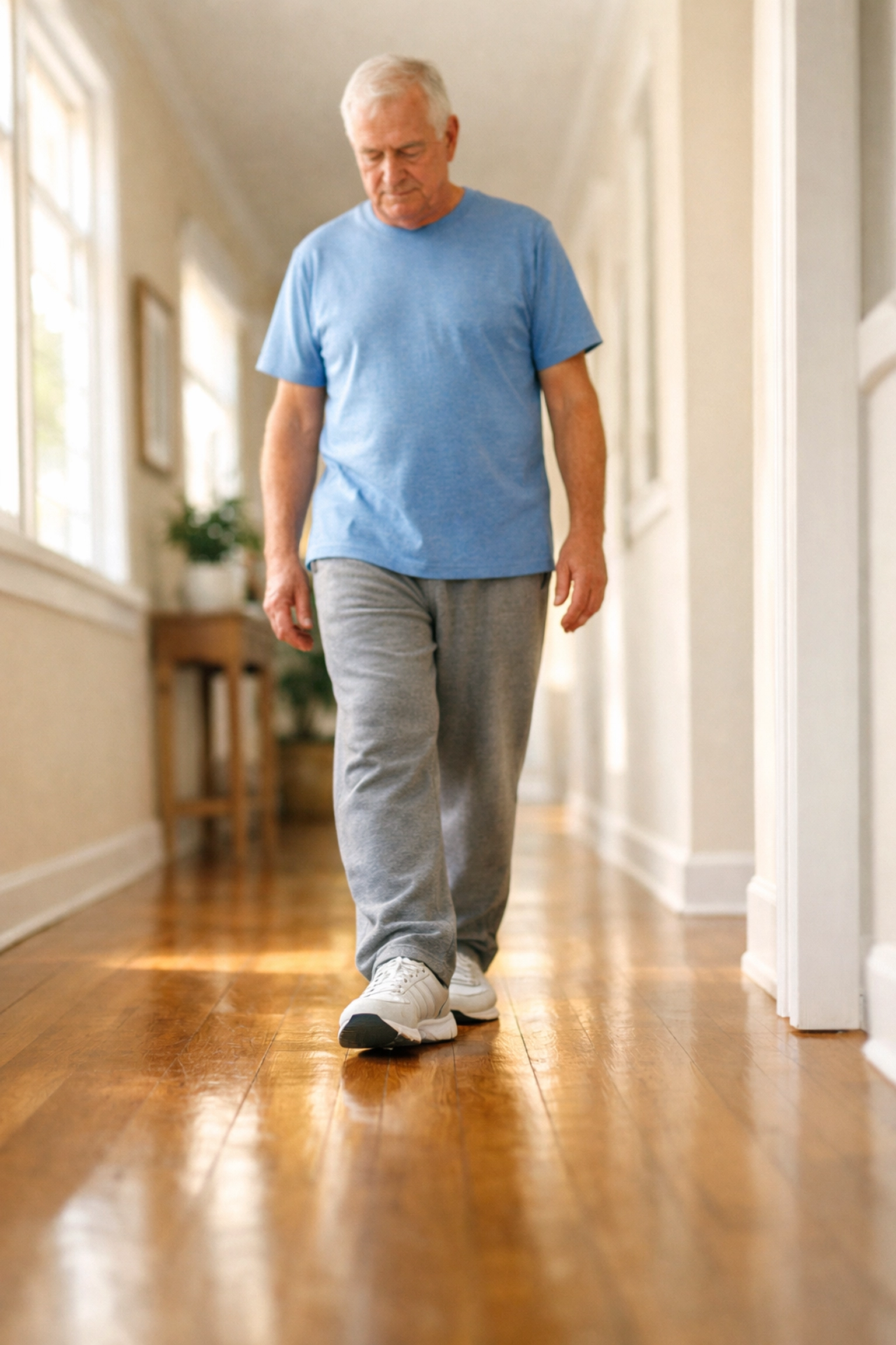 Senior man performing heel-to-toe walking exercise at home to improve balance
