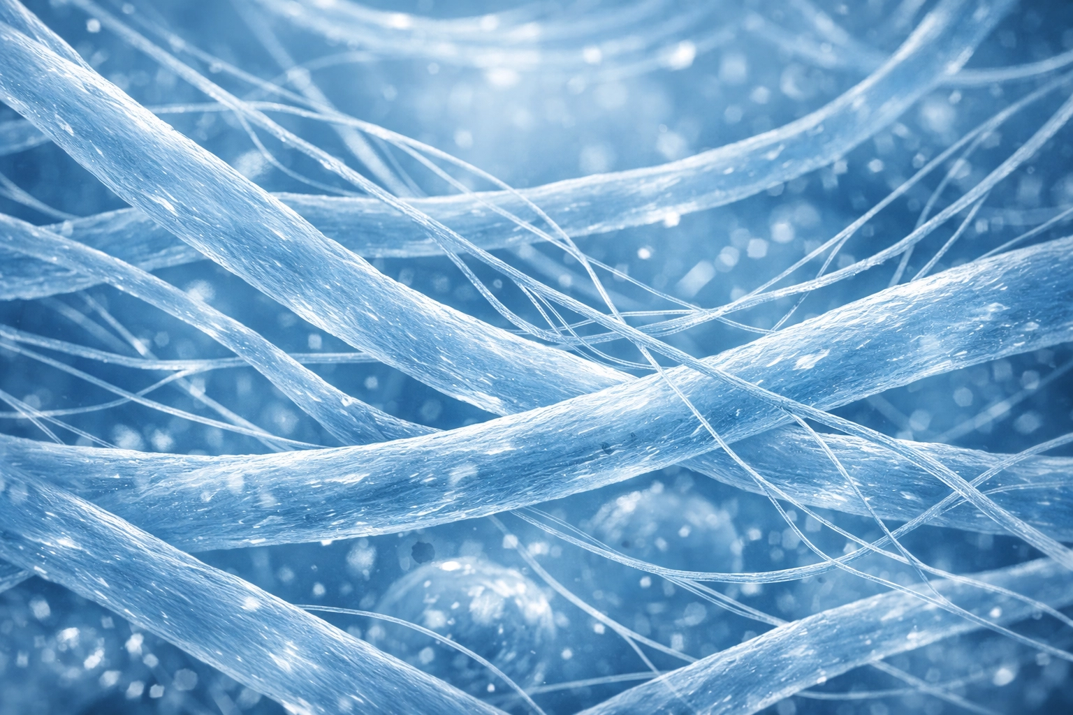 Microscopic-style visualization of collagen and elastin fibers in the dermal extracellular matrix (cool blue palette)