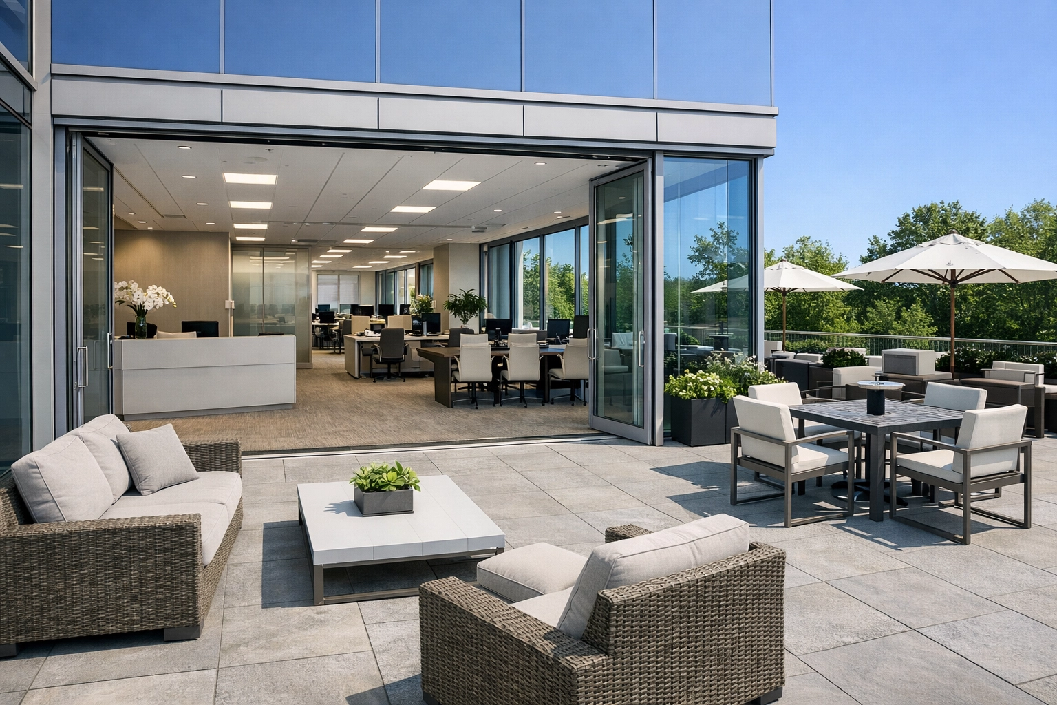 Clean corporate patio furniture and interior provided by window cleaning in Westchester NY.