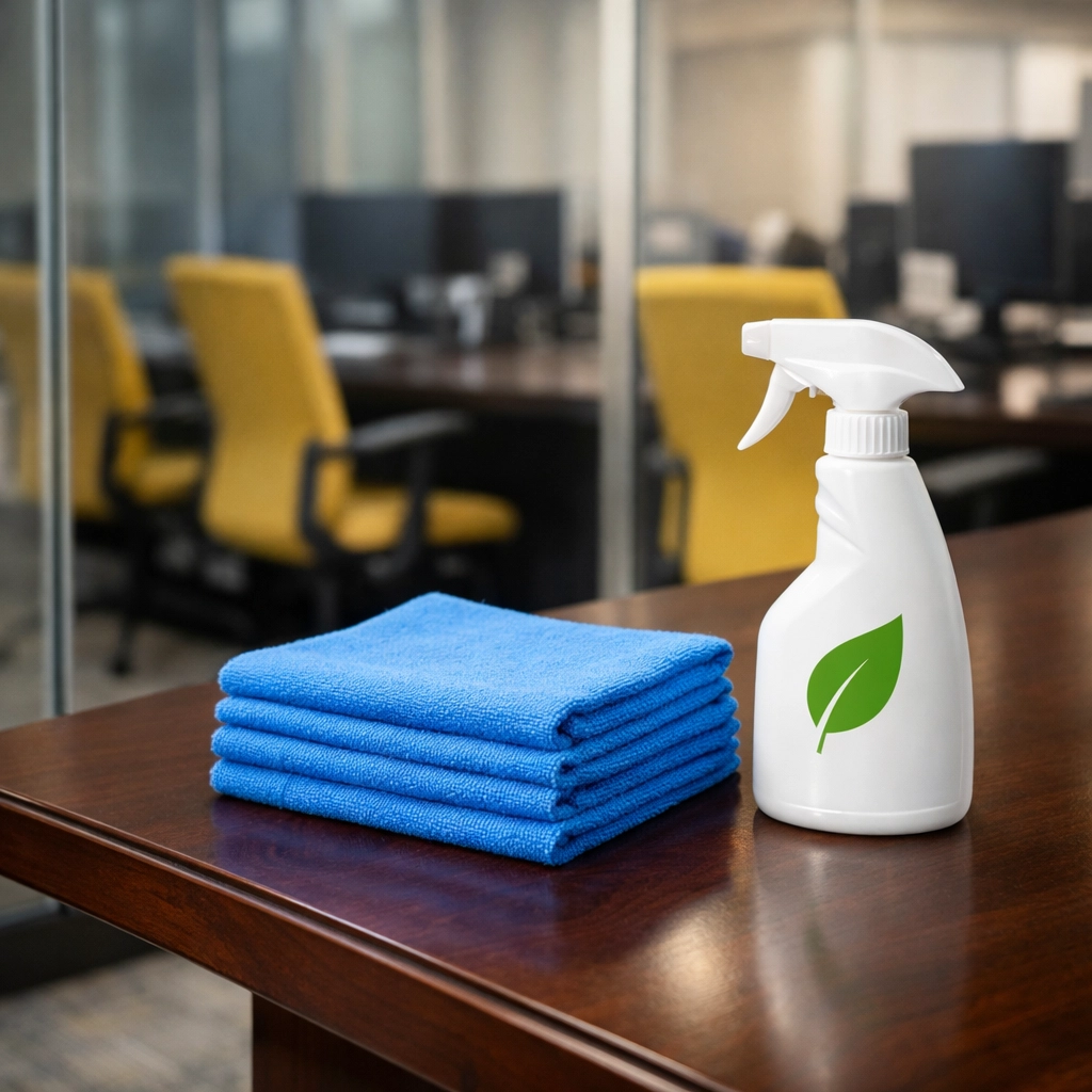 Eco-friendly office cleaning supplies on a polished conference table for a customized Bedford deep clean.