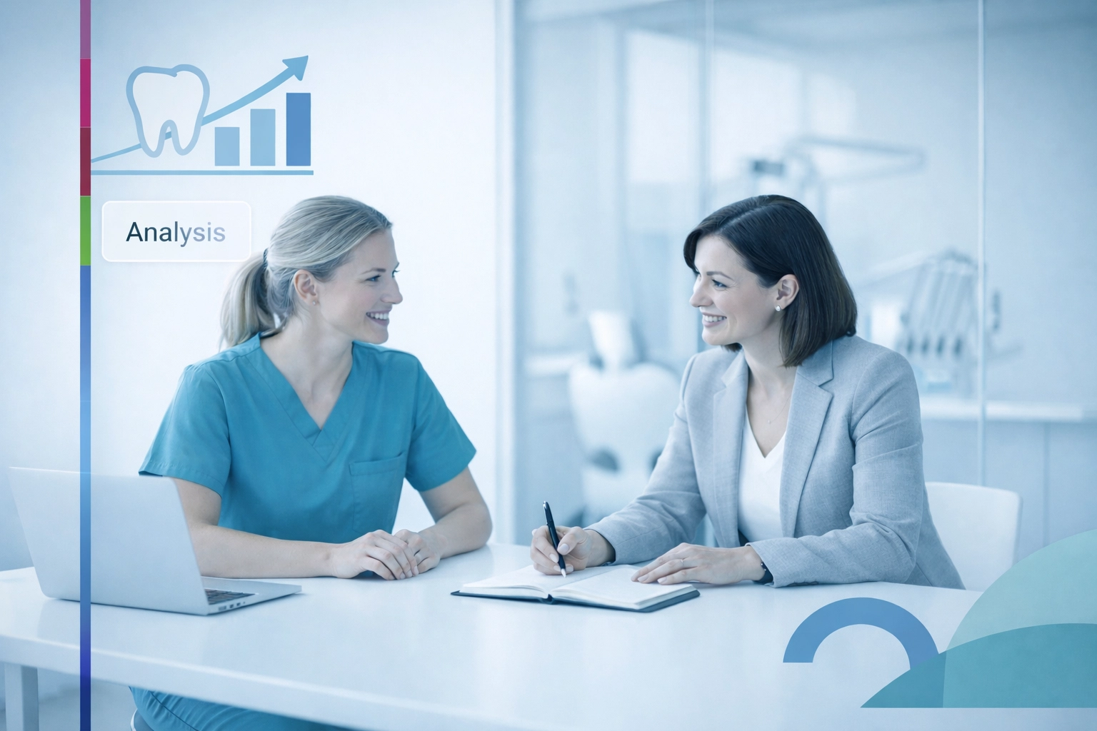 A dental nurse in scrubs meeting a career consultant to discuss high-paying dentist nurse salary uk opportunities.