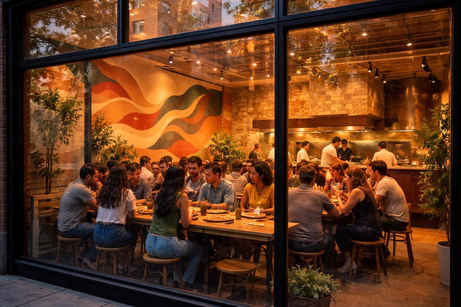 Modern Oakland pizza shop interior with communal dining, reflecting community integration and building-amenity retail expansion.