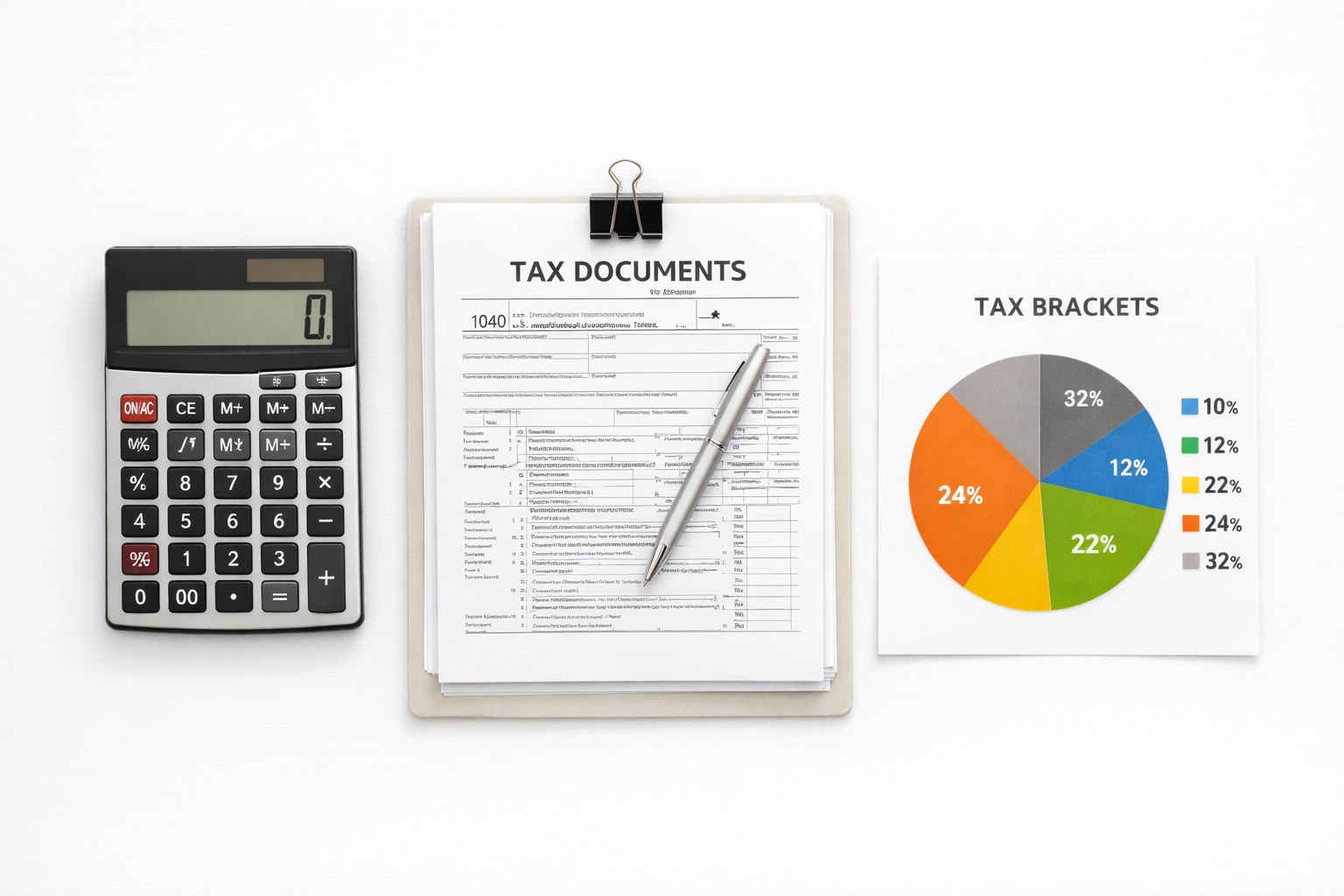 Tax preparation workspace with calculator and documents for 2026 tax season planning