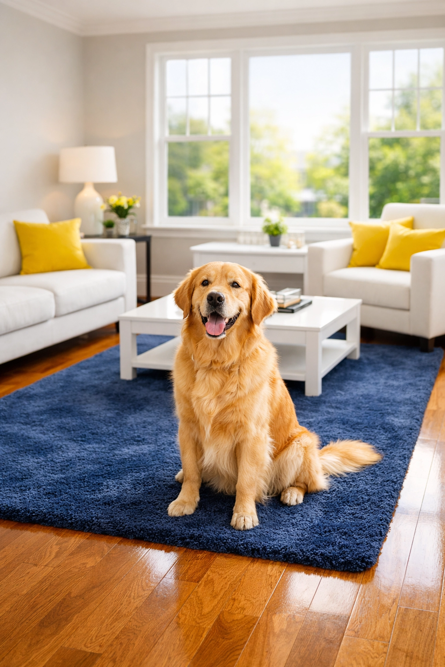 Clean Shrewsbury living room with a Golden Retriever, showing professional house cleaning for pet hair.