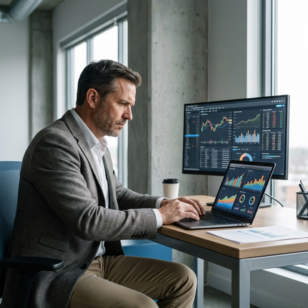 Chief financial officer analyzes spreadsheets and charts, showing financial modeling for investor readiness.