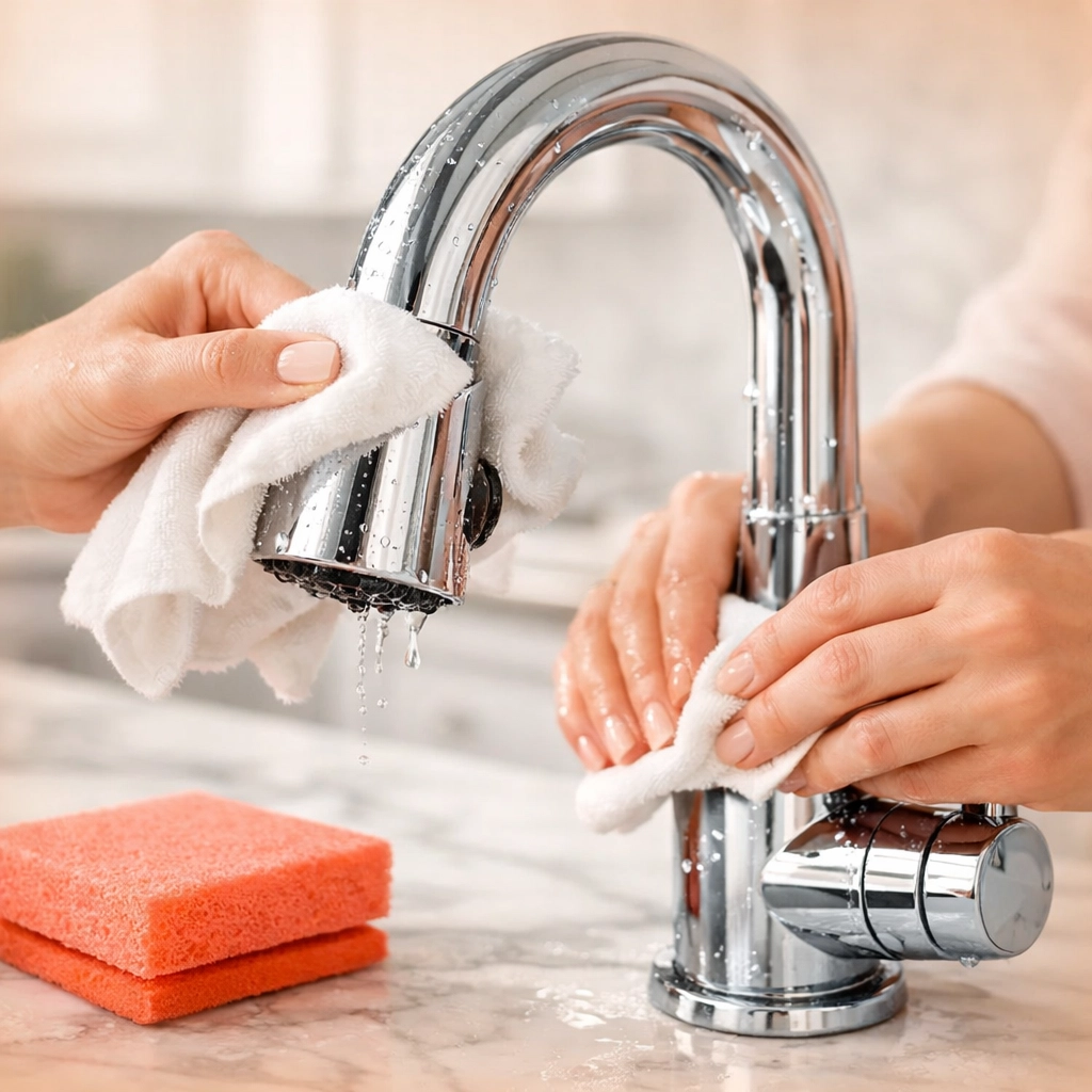 Detail-oriented professional move out cleaning Cedar Valley team polishing a kitchen faucet to a shine.