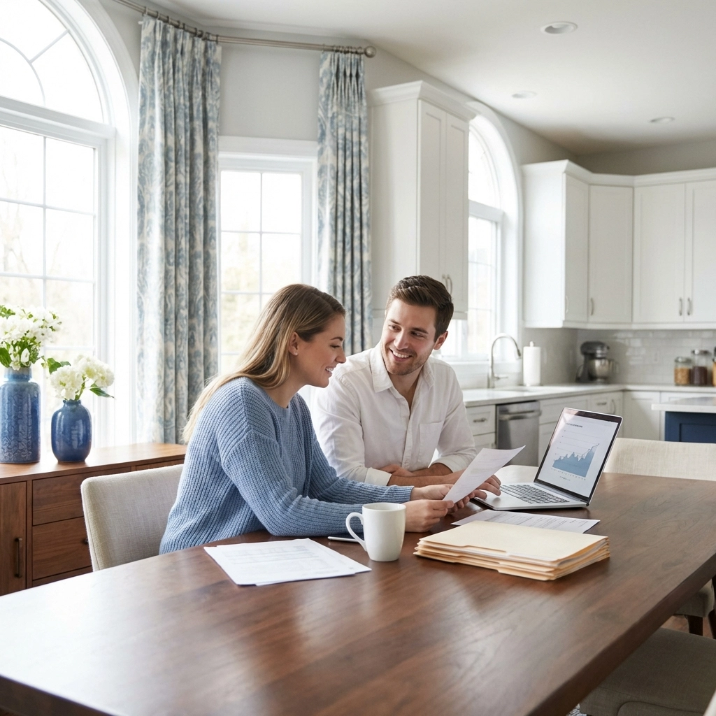 Young couple reviewing closing documents and title insurance paperwork together at home
