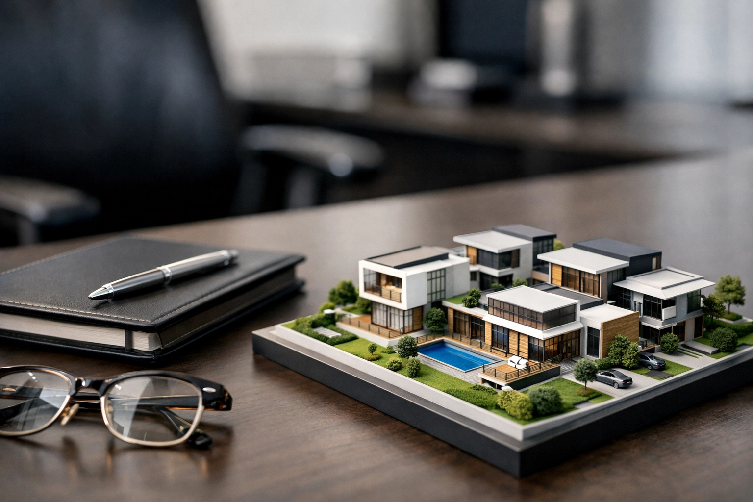 Minimalist office desk featuring a property model for strategic development management planning.