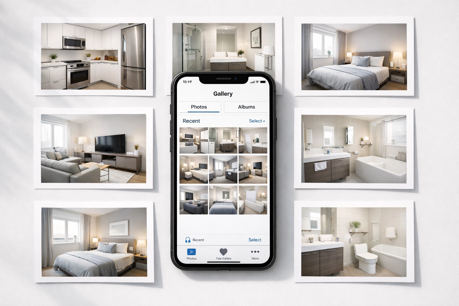 Photo documentation system showing apartment rooms on smartphone for turnover quality control
