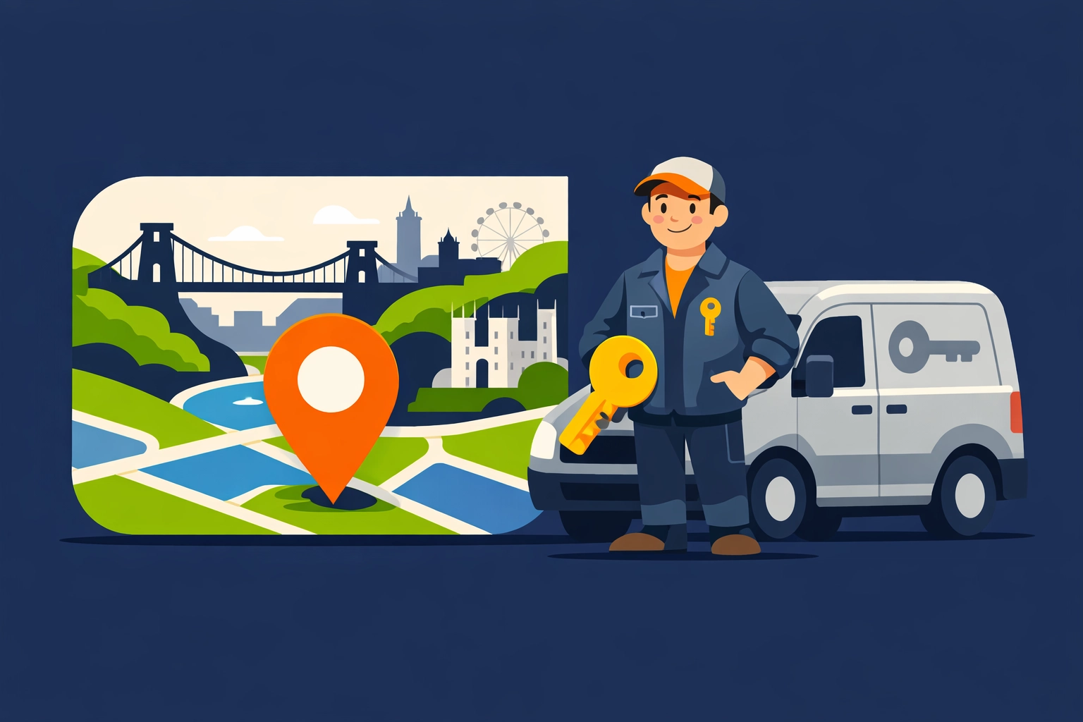 Local Bristol locksmith near me with a service van and map of the city skyline.