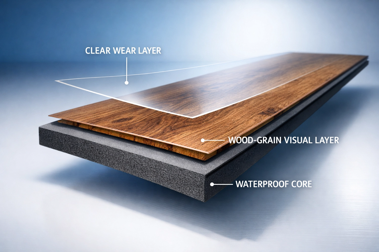 Internal layers of an LVT plank showing the clear wear layer and high-definition wood design.