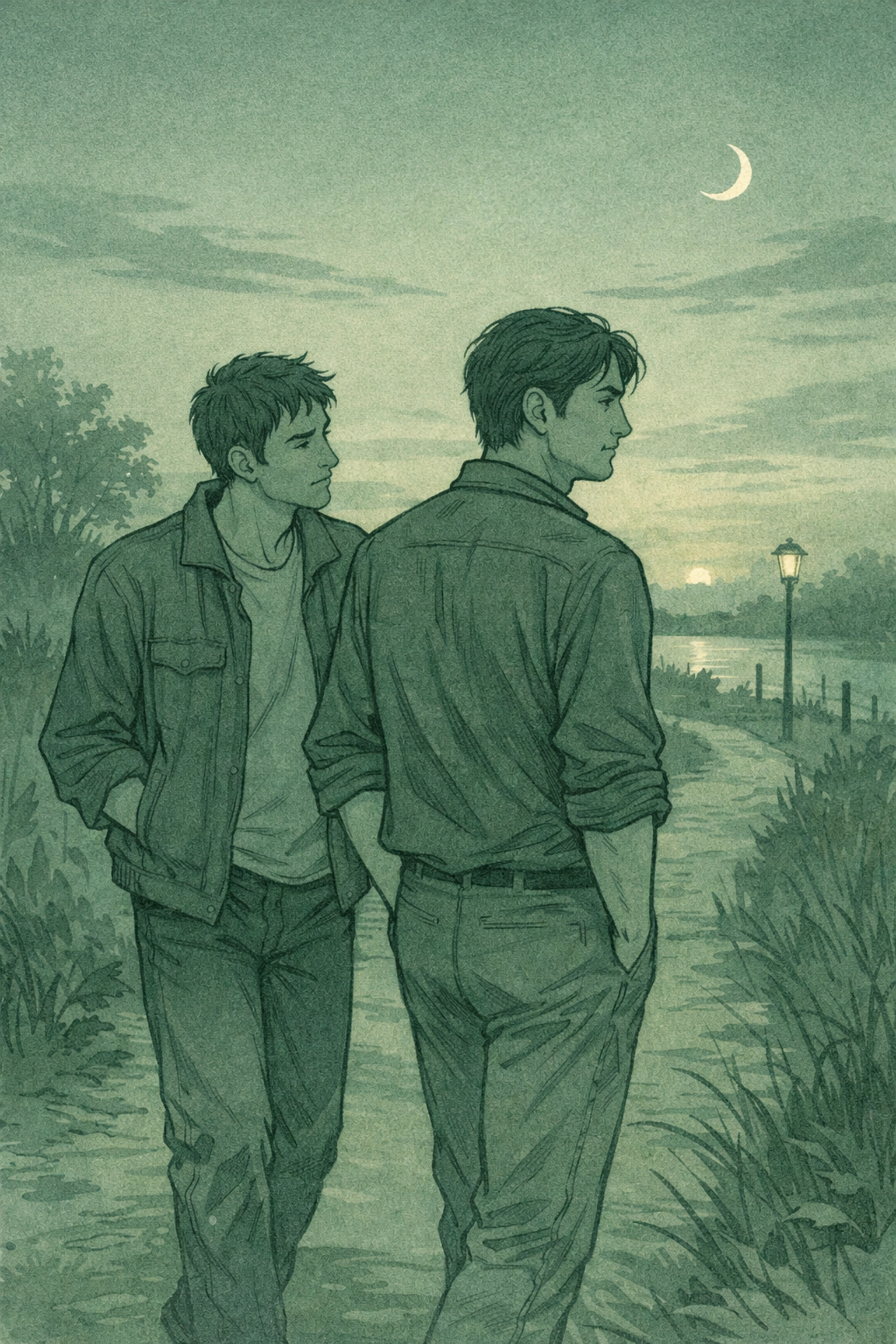 Two men walking at dusk on path of self-acceptance and same-sex relationship journey