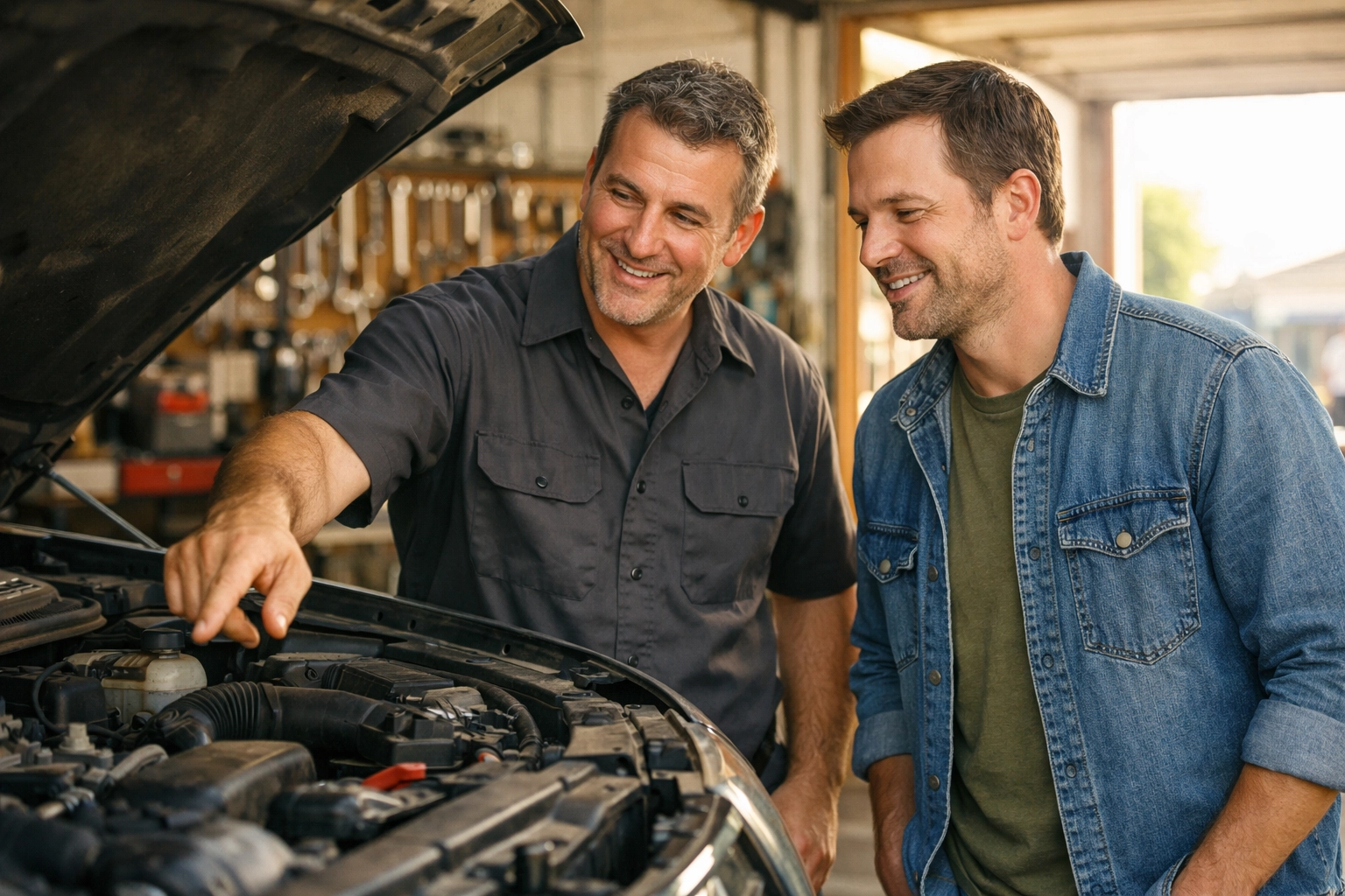 A trusted mechanic in San Antonio explaining engine repairs to a customer in an independent shop.