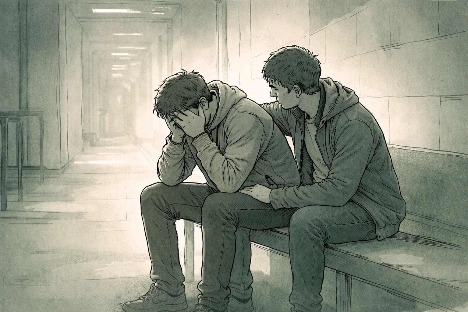 One man comforts another on a bench in a dimly lit arena, reflecting emotional fallout and connection after a public scandal in On Thin Ice.