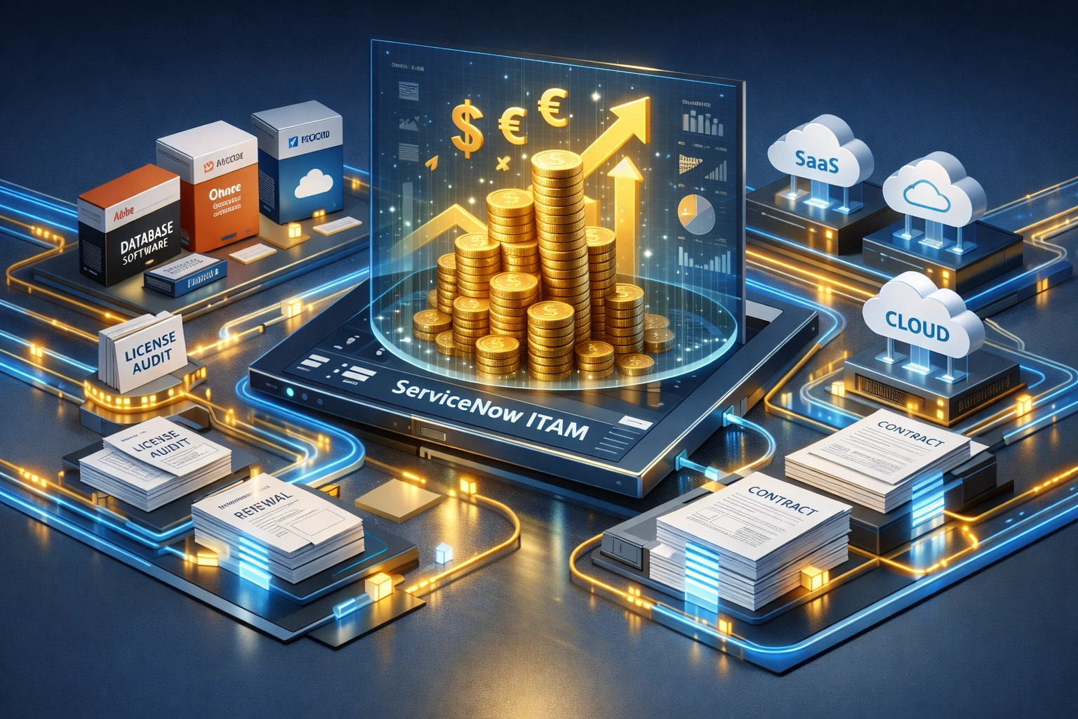 ServiceNow ITAM dashboard displaying software license optimization and cost reduction analytics