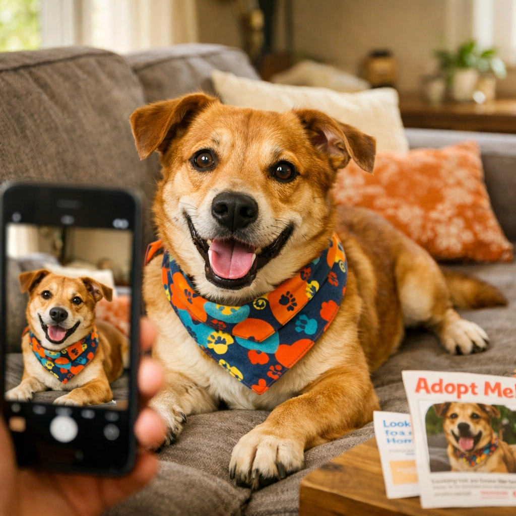 Foster dog on couch being photographed for social media adoption post