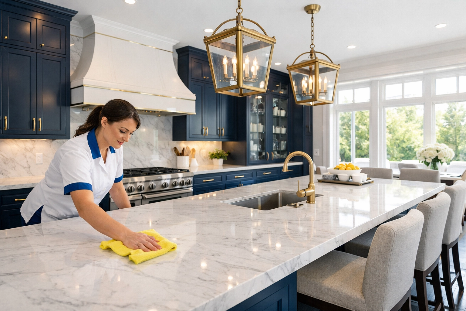 Professional house cleaning Southborough MA specialist deep cleaning a luxury white marble kitchen.