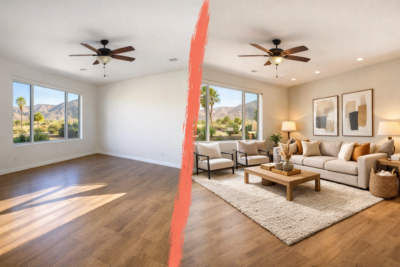 Before and after virtual staging comparison of Arizona living room for home sale