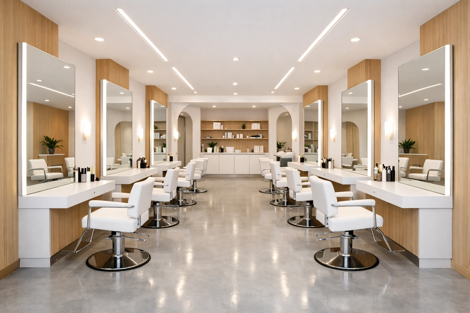 Modern interior of The Color Lounge, a luxury beauty salon in Concord NH with elegant styling stations.