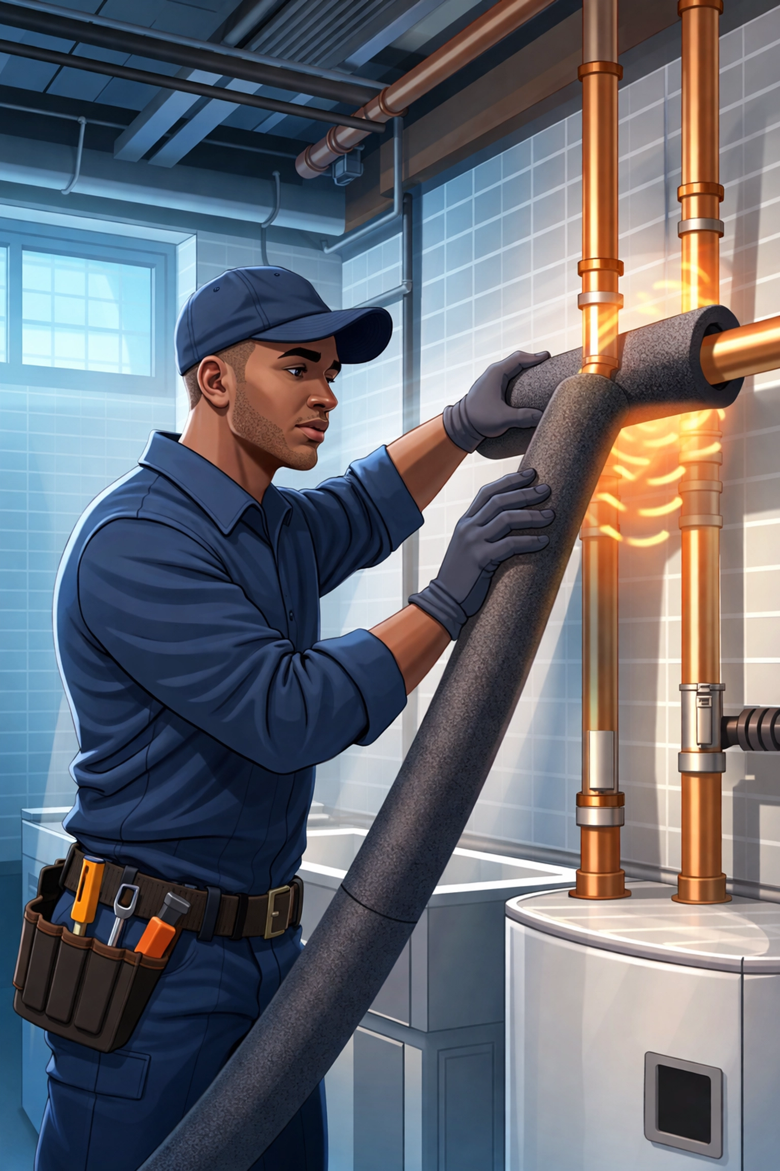 Maintenance worker installing foam pipe insulation in a Brooklyn building basement to prevent freezing