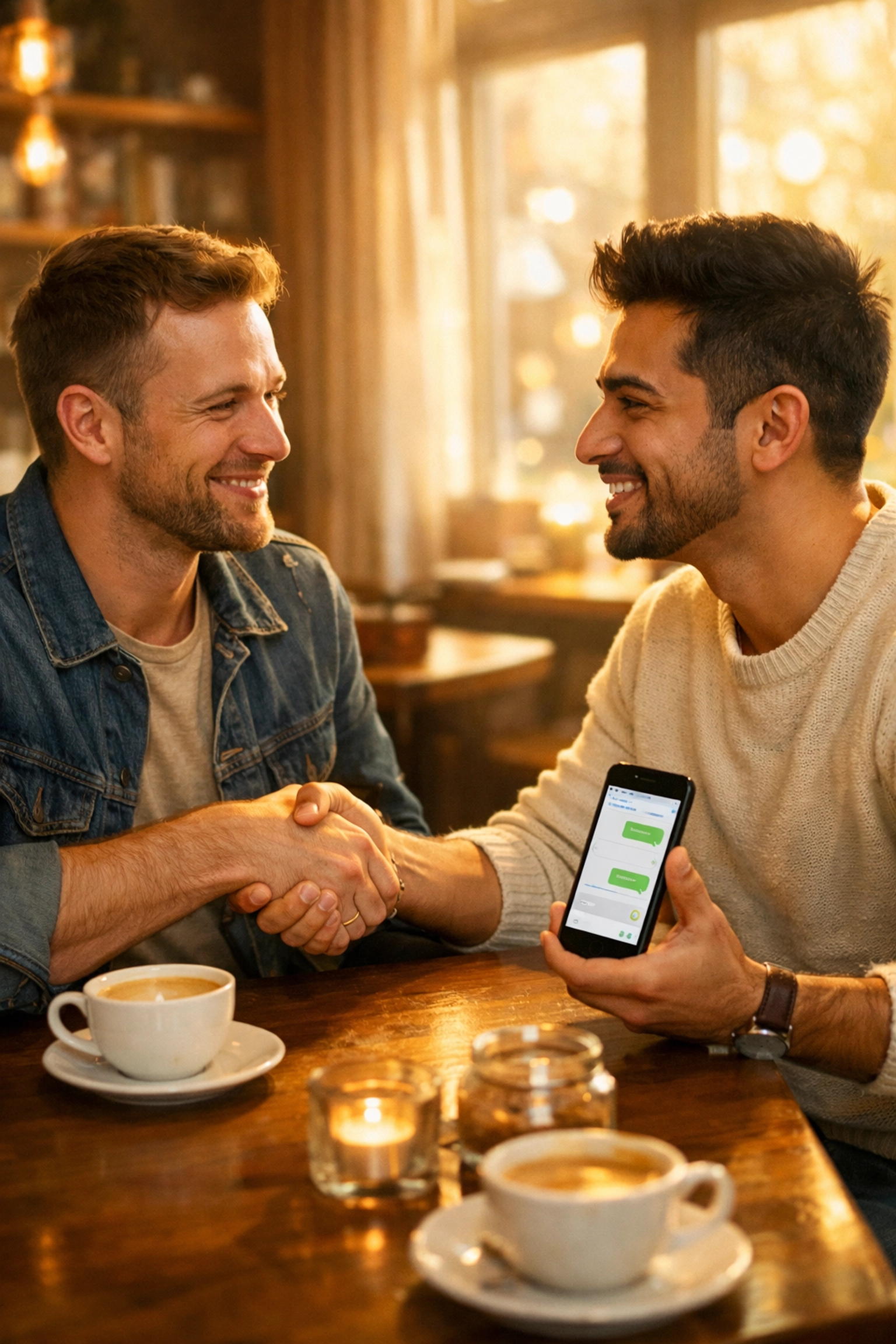 Two gay men meeting in coffee shop after connecting online - MM romance IRL