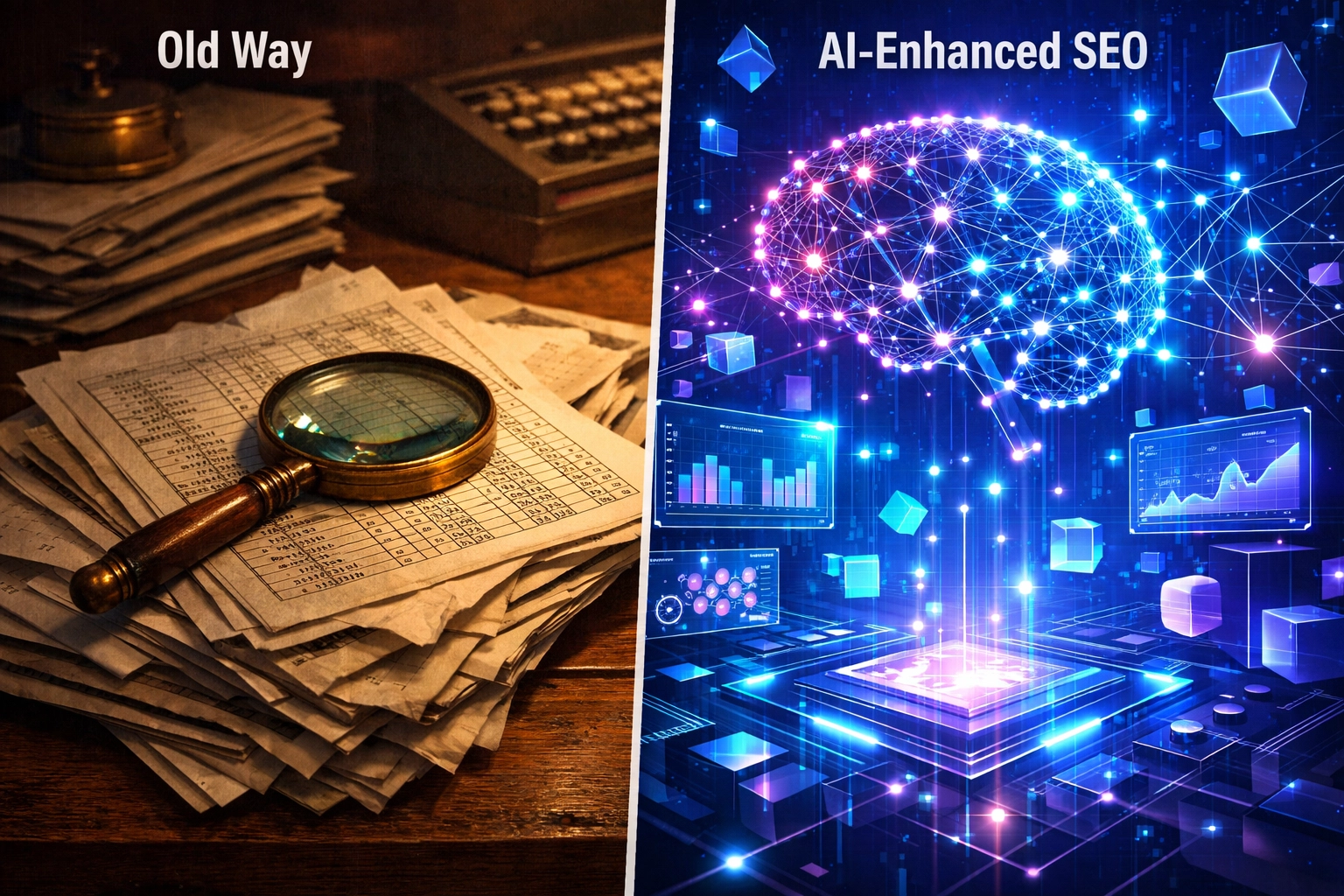 Comparison of traditional manual keyword research versus fast, automated AI-enhanced SEO analysis.