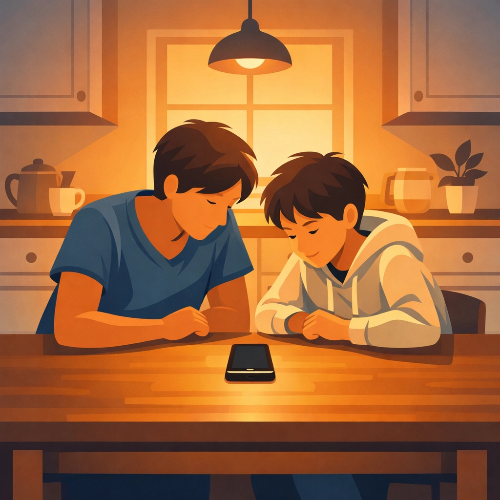Parent and child discussing phone rules together at kitchen table
