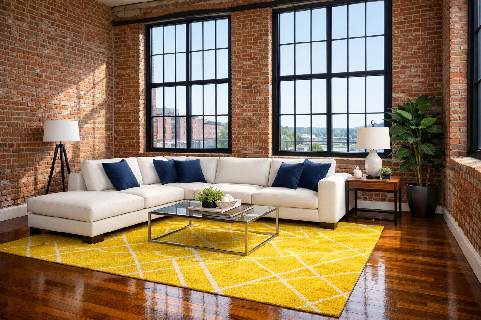 Spotless living room in a Lowell mill building after professional house cleaning services.