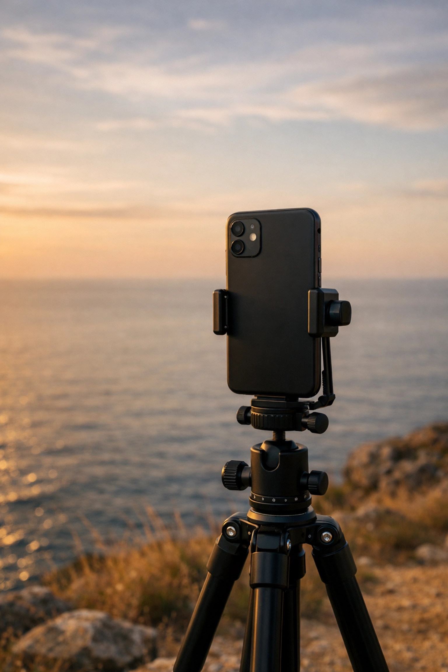 A smartphone on a tripod live-streaming a memorial service from a tranquil coastal clifftop.