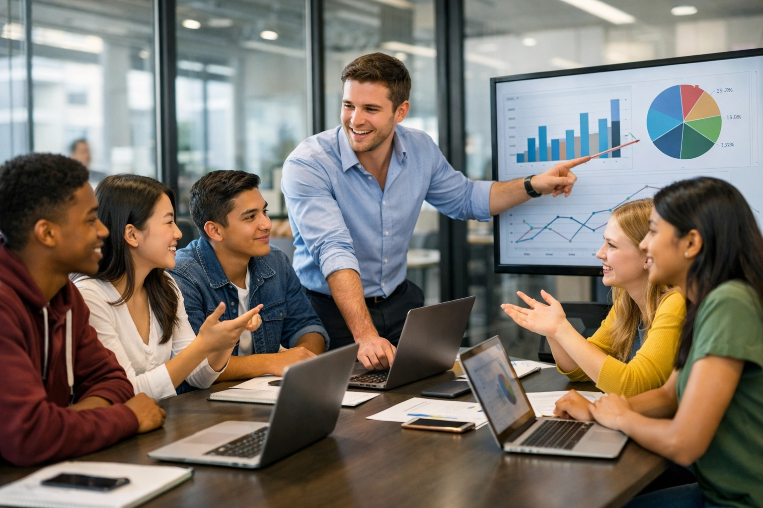 High school interns working with mentor in professional tech office environment