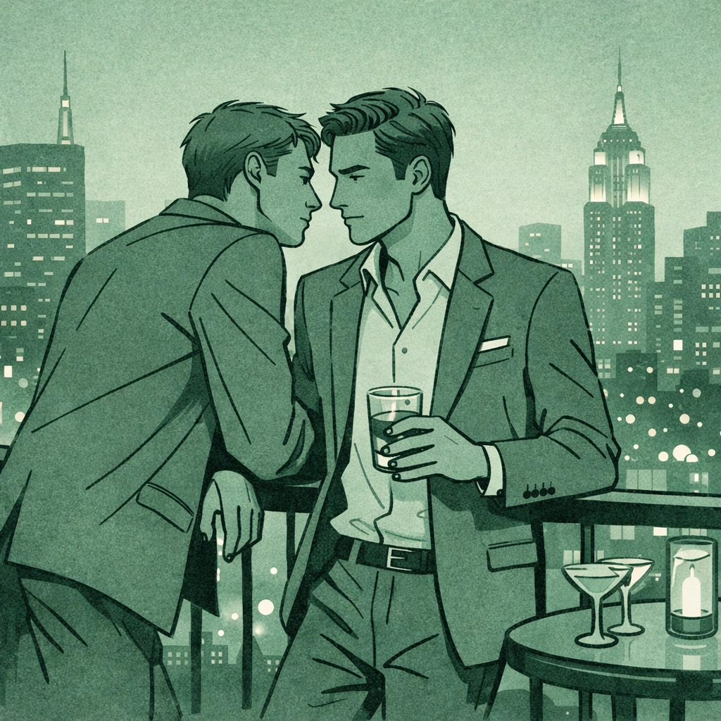MM couple at upscale Manhattan rooftop bar with city lights - forbidden romance