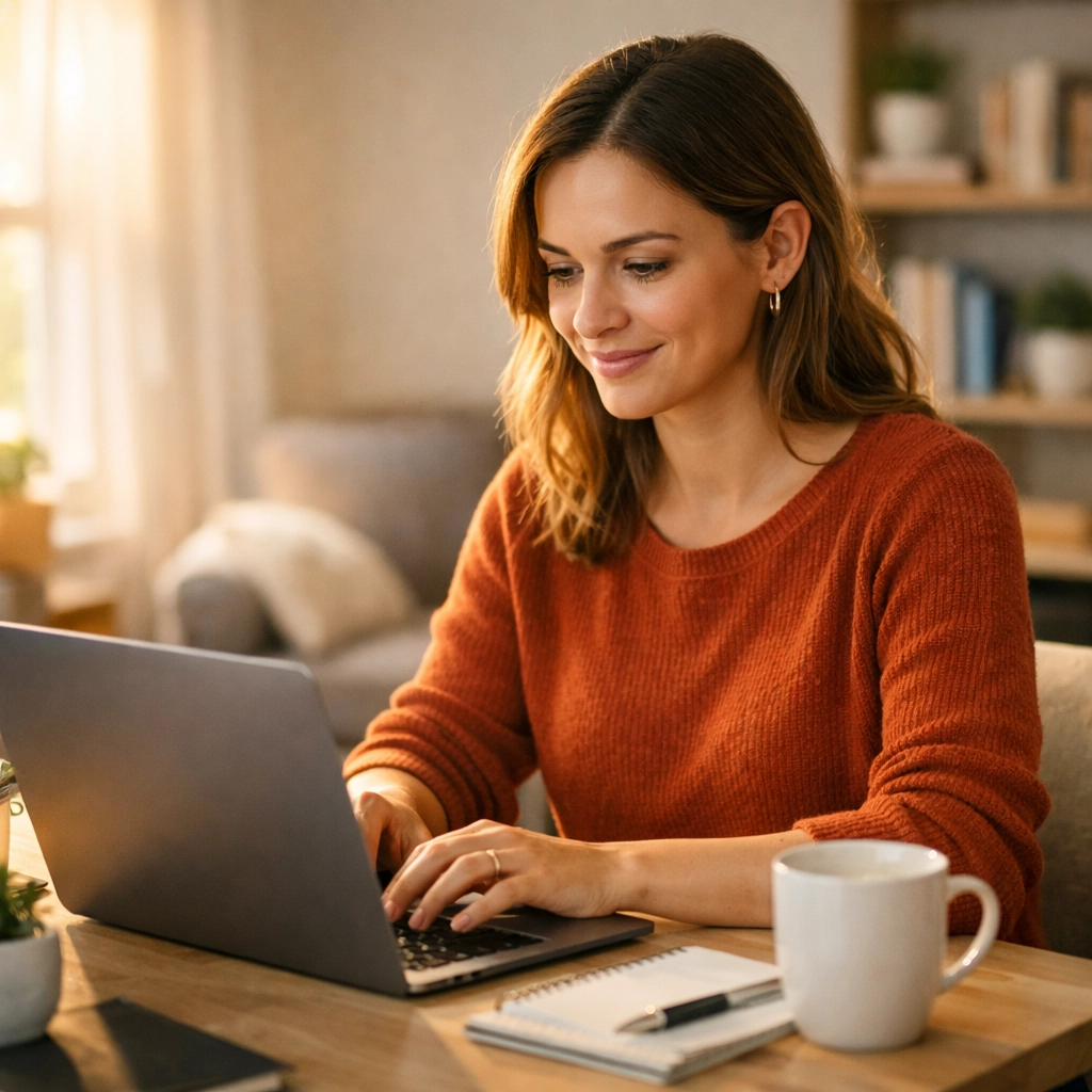 Happy woman at her home workspace after stabilizing her finances with a bad credit loan canada.
