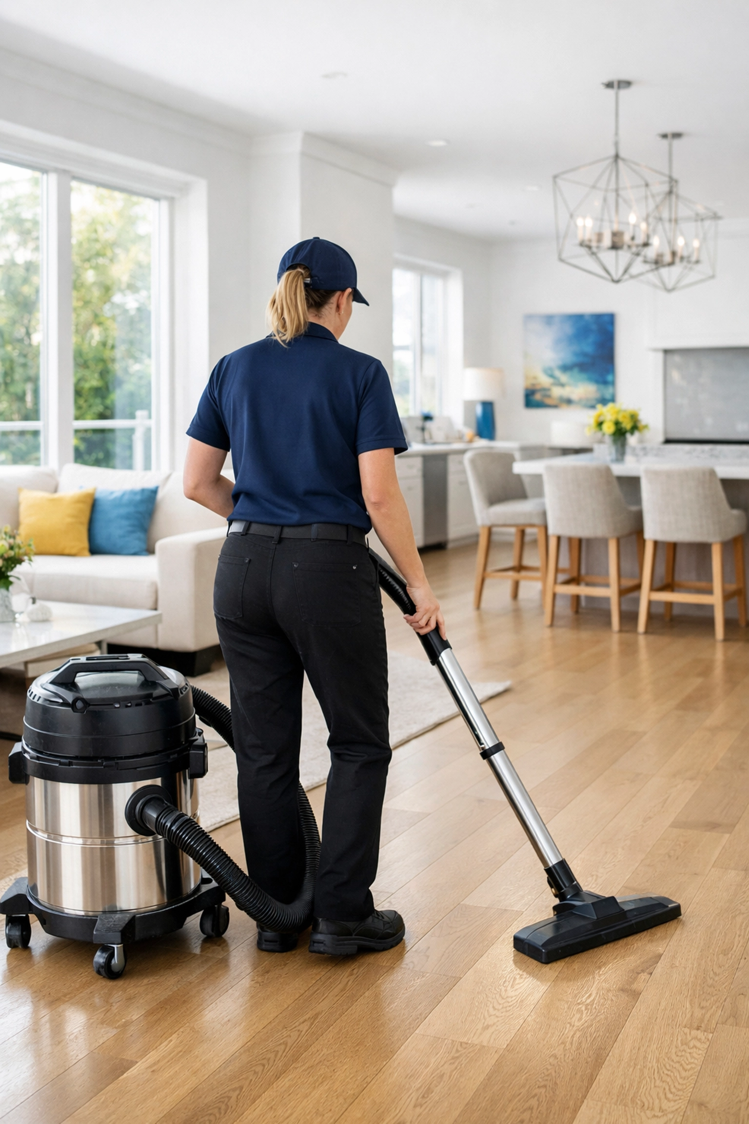 Professional post-construction cleaning Holliston using a HEPA vacuum on new wood floors.