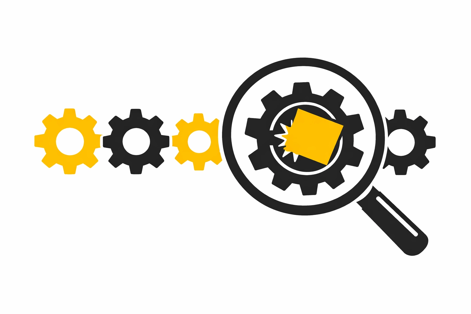 Magnifying glass showing a gear mismatch, representing complex HRIS configuration errors in payroll software.