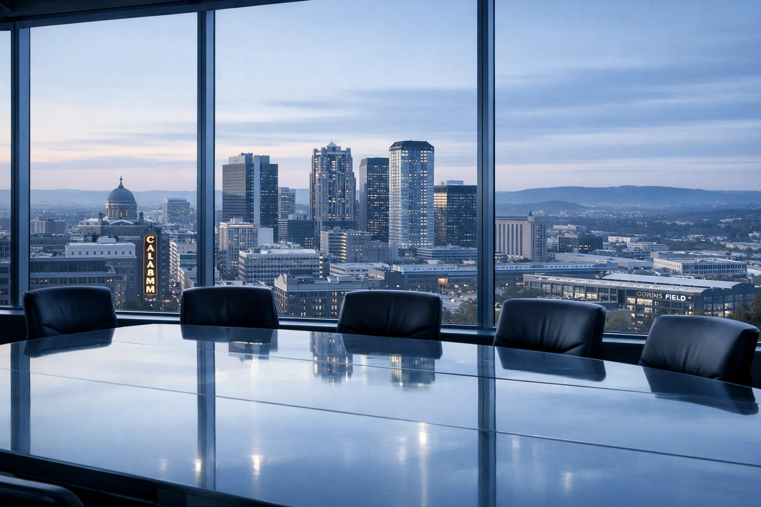 High-rise office view of an Alabama cityscape reflecting regional expertise in business M&A transactions.