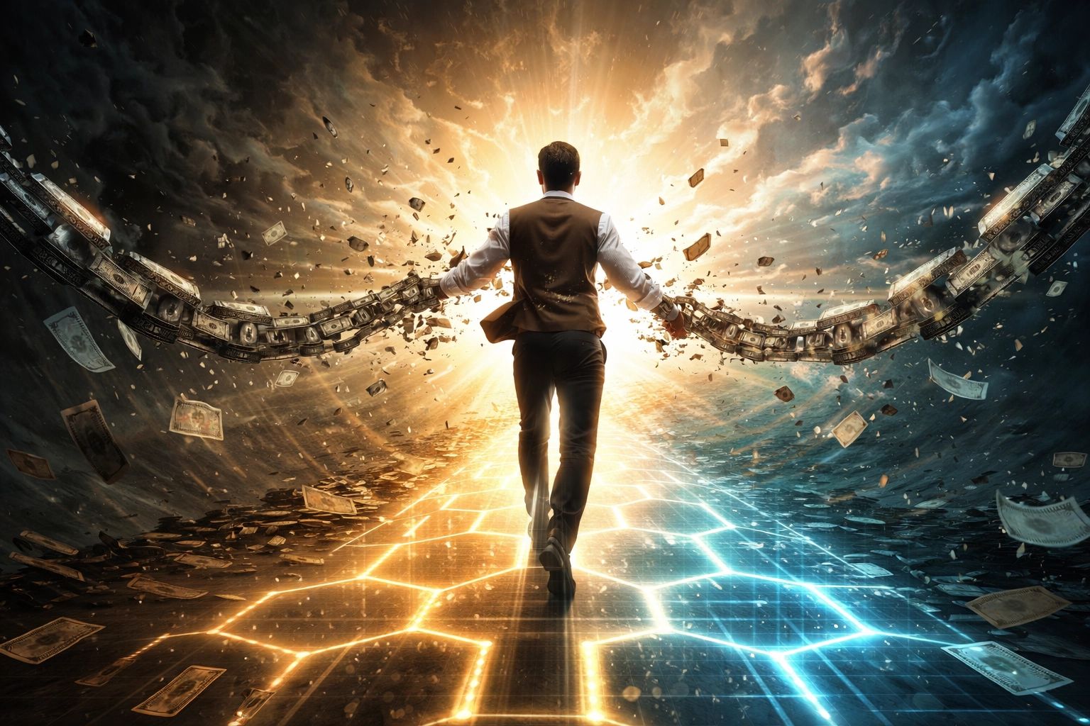 Merchant breaking free from dollar chain onto a blockchain path, illustrating financial sovereignty with Web3 global payments