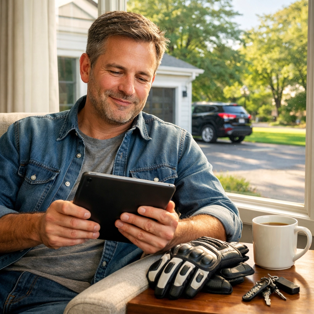 A recovered biker at home, showing the financial security provided by a Massachusetts motorcycle accident lawyer.