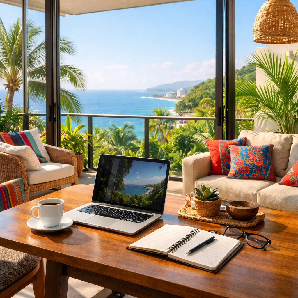Modern Puerto Vallarta rental condo workspace with ocean views for remote workers