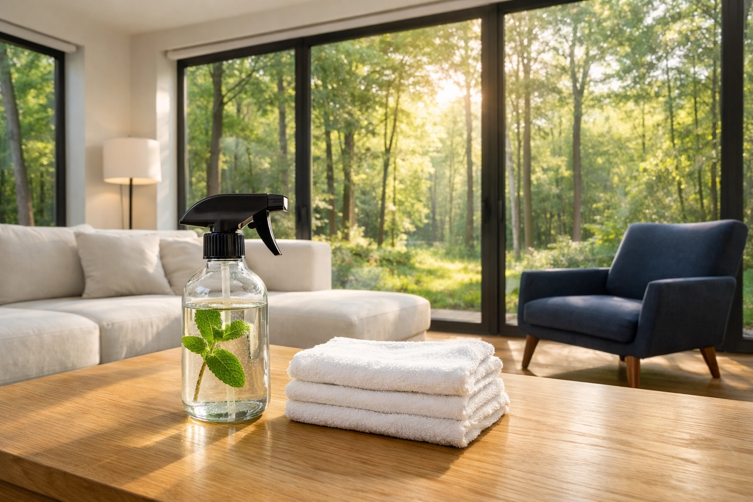 Eco-friendly residential cleaning supplies on a coffee table in a modern Bolton living room.
