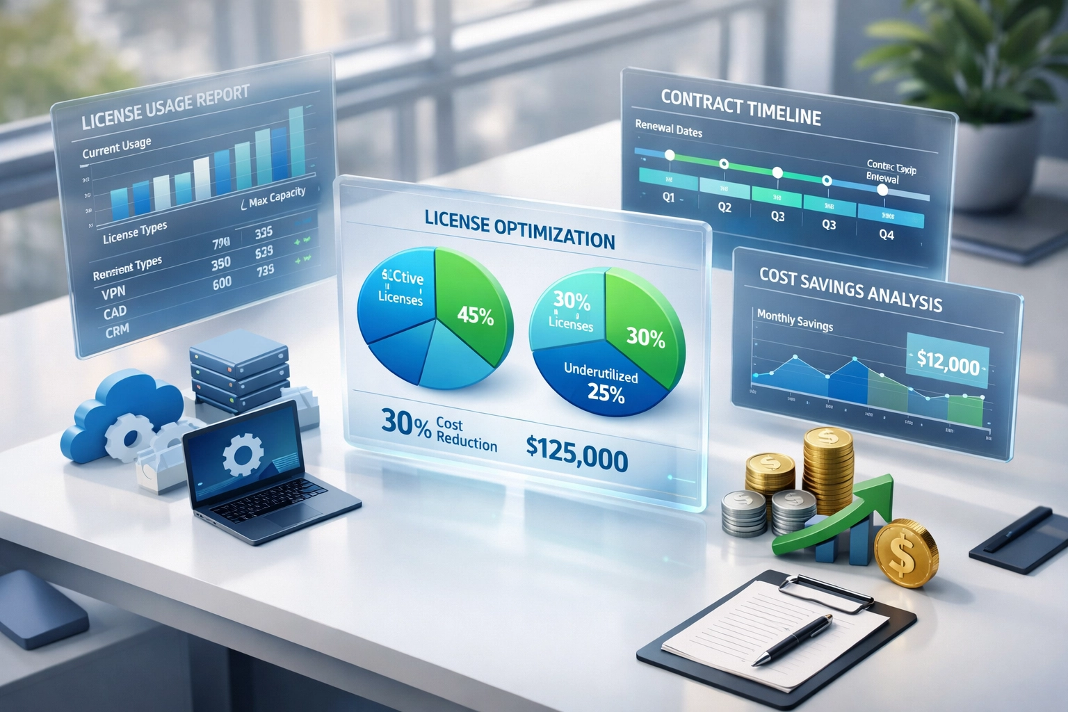 ITAM financial workspace showing software license optimization and contract management savings