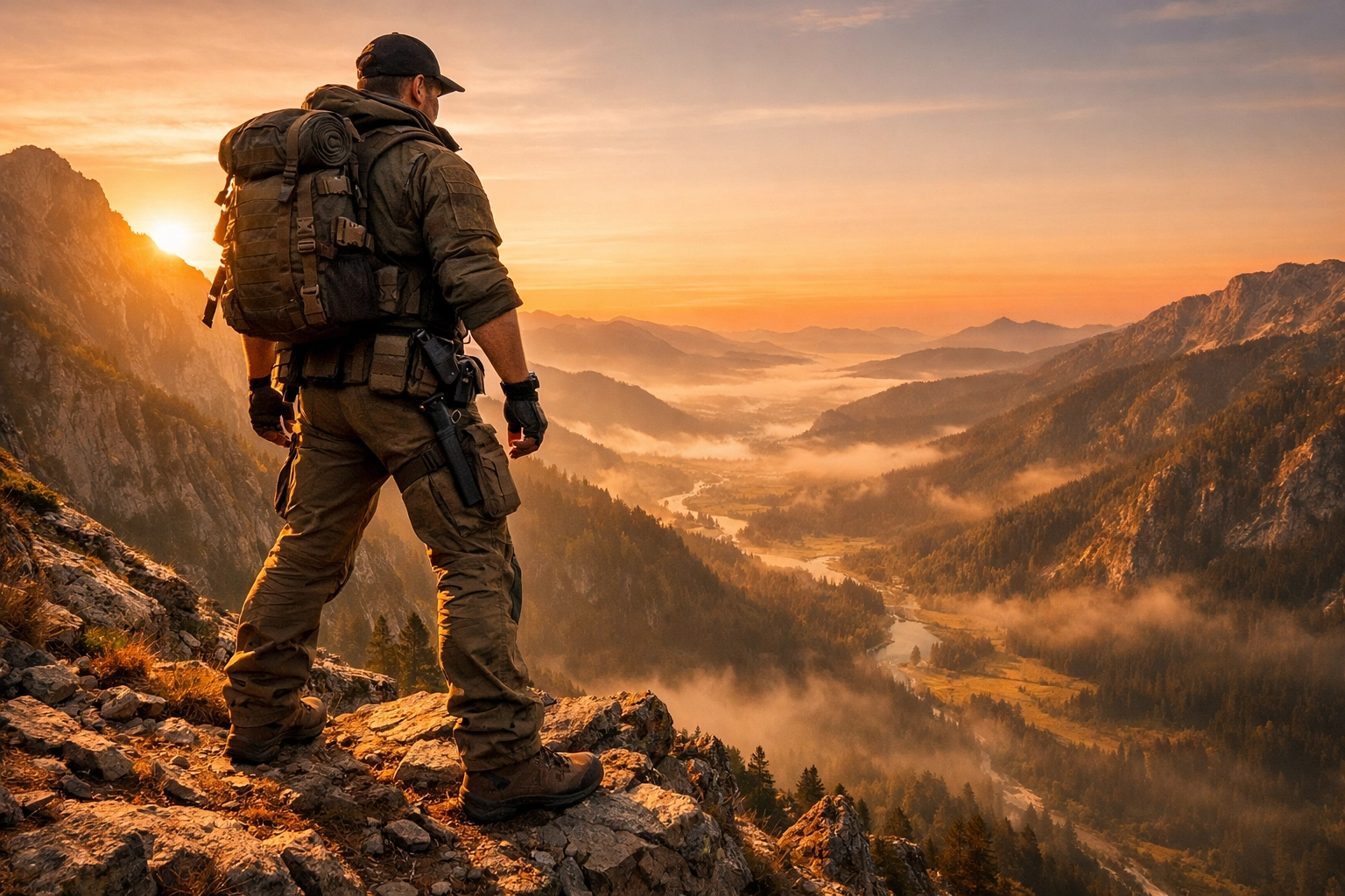 A man standing confidently on a mountain peak wearing supportive big and tall mens underwear for hiking.