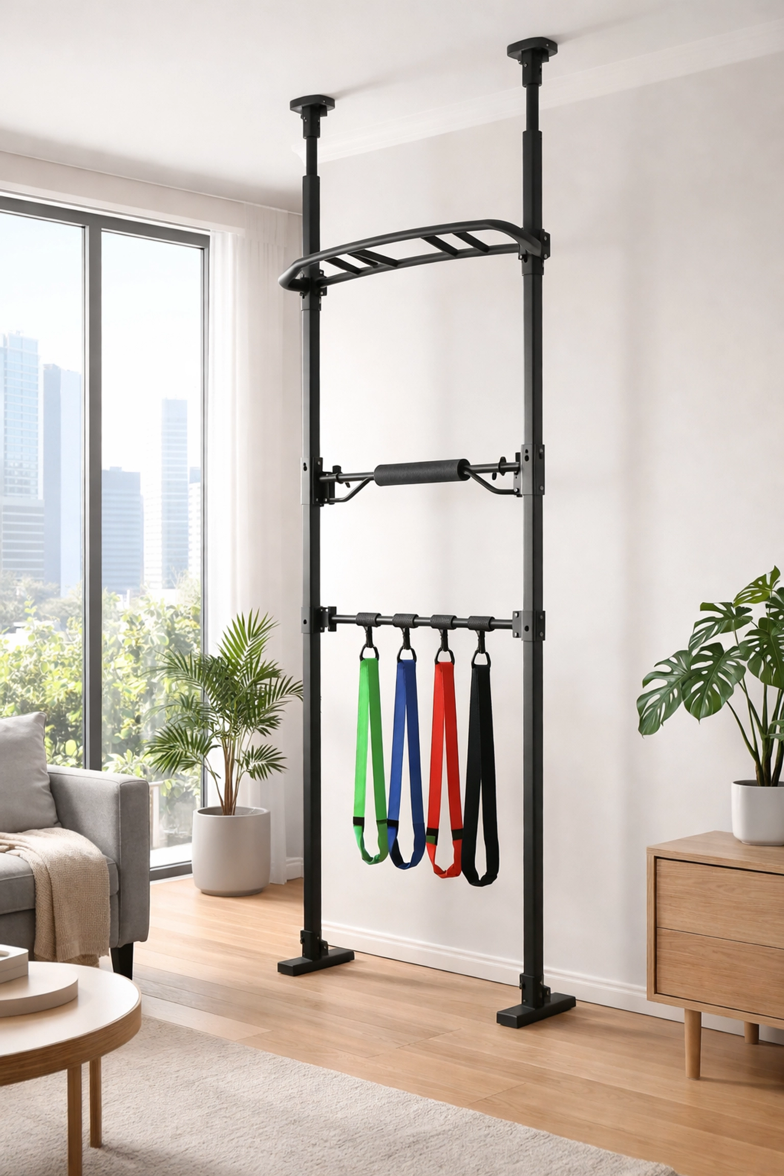 Floor-to-ceiling pull-up bar system with resistance bands in bright apartment, ideal for home gym equipment.