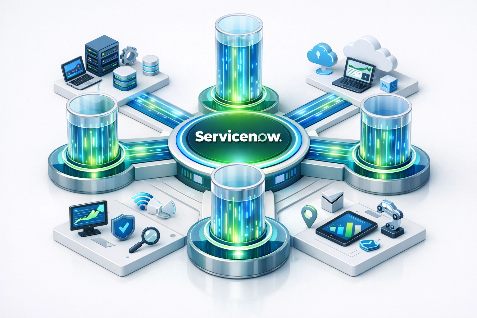 ServiceNow ITOM platform architecture with five interconnected operational resilience pillars