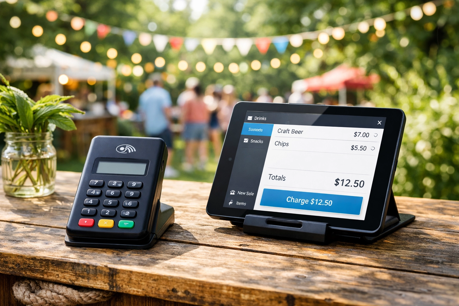 Mobile POS card reader and tablet setup for outdoor bar service at festival event